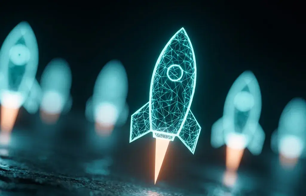 A glowing wireframe rocket lifting off ahead of a row of others